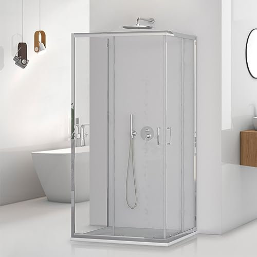 Box doccia 3 lati 70x100x70 cm parete fissa e 2 ante scorrevoli, vetro trasparente H 195 cm con profilo cromato e installazione reversibile, Tay