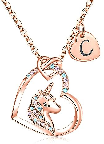 TINGN Unicorn Gifts for Girls, 14K Rose Gold Plated Letter C Pendant Heart Necklace 6 Year Old Girl Gifts Unicorn Gifts for Girls Initial Unicorn Jewelry Necklace Unicorn Gifts for Girls Jewelry