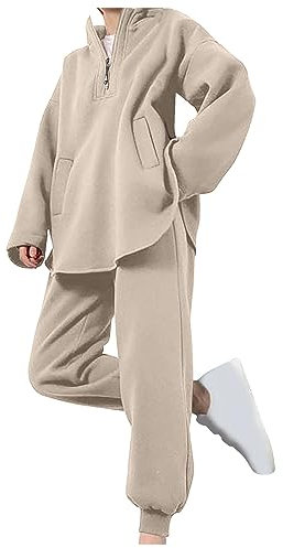 EMATOP Tracksuit Damen Casual Sport Jogginganzug 2 Teiliges Sweatshirt + Lange Hose Hosenanzug Lose Langarm Sportanzug Einfarbig Elegant Freizeitanzug mit Taschen Trainingsanzug Herbst Winter