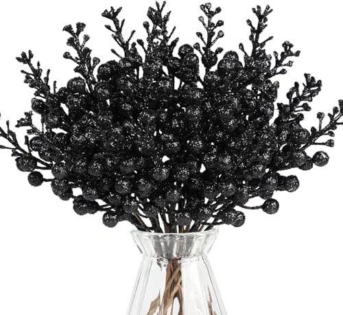 N&T NIETING Christmas Tree Picks, 24 Pcs Artificial Glitter Tree Picks Stems Branches Ornaments, 9.8inch Artificial Holly Berries for Wreath Making Supplies Christmas Tree Decoration, Black