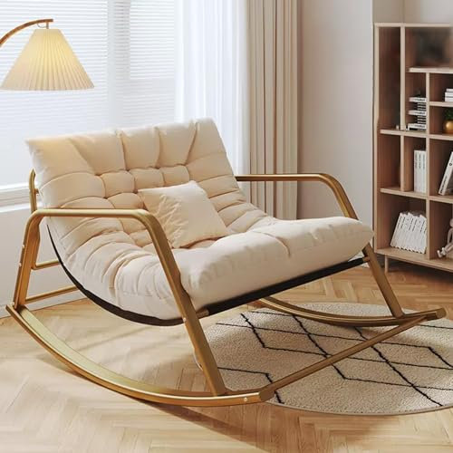 Doppelt Komfortabel Schlafzimmer Schaukelstuhl mit Gepolstert, Atmungsaktiv Wohnzimmer Rocking Chair Mit Armlehnen, Draussen Gartenliege, Modern relaxsessel, Ergonomiestuhl ( Color : Off-white+gold le