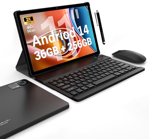 FASTWD Tablet 11 Zoll Android 14 Tablet 5G WiFi 4G LTE,36GB RAM+256GB ROM (1TB TF),9580mAh,Octa-Core,2000 x 1200HD,GPS,GMS,BT 5.0,FaceID,Tablet mit Tastatur,Maus,Holster,Stift,Schwarz