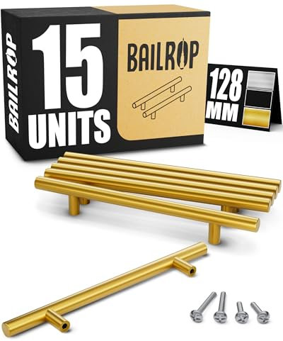 BAILROP Poignée Meuble Dorée 128MM (15 UNITÉS) - Poignée de Meuble Cuisine Doré Acier Inox - Poignet de Porte Cuisine et Armoire