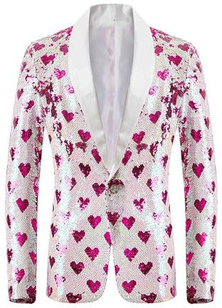 Pailletten Sakko Herren, Glitzer Sakko Herren Blazer Pailletten Herz Anzugjacke Festlich Slim Fit Mantel Valentinstag Anzug Jacke Langarm Männer Hochzeit Party Abschlussball Karneval Kostüm