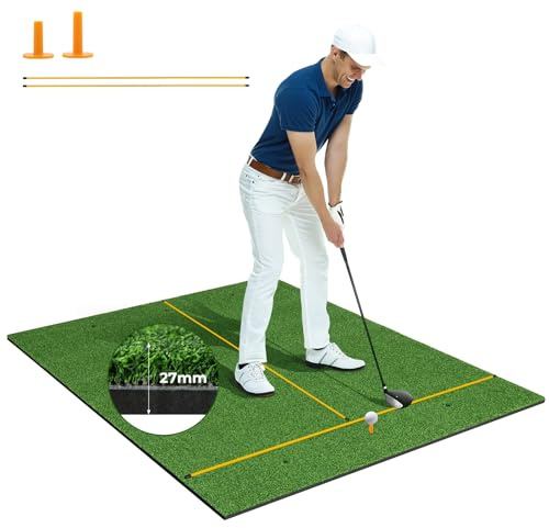 COSTWAY Tapete de Golf 3 en 1, Alfombrilla de Golf Césped Sintético, Densidad 20/25mm, 2 Tees de Golf/2 Palos de Alineación, 3 Orificios Perforados para Tees, Uso Interno y Externo