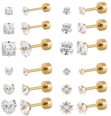 12 Pairs Surgical Stainless Steel Screw back Stud Earrings, Gold Black Flat Back Star Heart Square Princess Cut Round Cubic Zirconia Stud Earrings Set (Gold flatback)