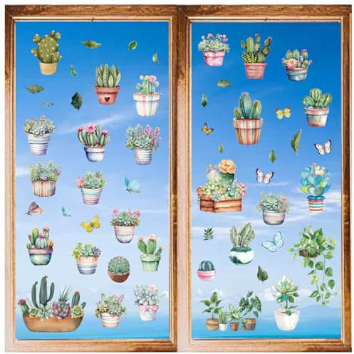 CRASPIRE 8 Styles Cactus Wall Stickers Green Potted Plants Window Stickers Decals PVC Waterproof Self Adhesive Wall Cling for Home Decoration Bedroom Living Room Kitchen Showcase
