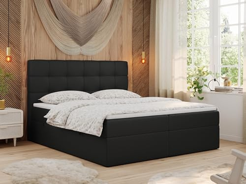 MKS MEBLE Boxspringbett mit Matratze, Bett mit Multipocket - Matratze und Topper T25, Polsterbett mit Bettkasten und Kopfteil, ERNI (200x200 cm, H4 Schwarz, Kunstleder)