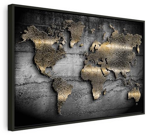 B&D XXL Bilder mit Rahmen 90x60 cm Wandbilder groß Leinwandbild XXL schwarzer Holzrahmen modern Wanddekoration Kunstdruck Wanddeko Wohnzimmer Schlafzimmer Weltkarte Abstrakte Landkarte Schwarz