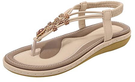 UnoSheng Zapatos negros damas 38 mujeres sandalias de banda casual perla elástico playa zapatos de mujer con cuerda sandalias de mujer zapatos de mujer 43 ancho H, beige, 42 EU