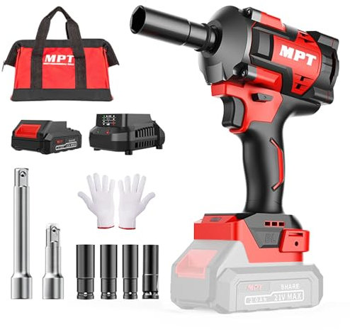 MPT Cordless Impact Wrench, 1/2 Inch Brushless Power Impact Gun Max Torque 280 Ft-lb (380N.m) with 1pc 2.0Ah Li-ion Batteries & 1 Hour Fast Charger,Power Impact Wrench