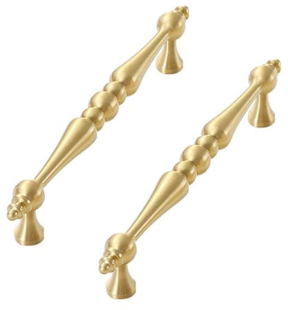 Flybath 2 Pack Cabinet Pulls 5-Inch Hole Center Solid Brass Vintage Gold Handles for Drawer Dresser Cupboard Wardrobe Kitchen Furniture Hardware, Brushed Brass