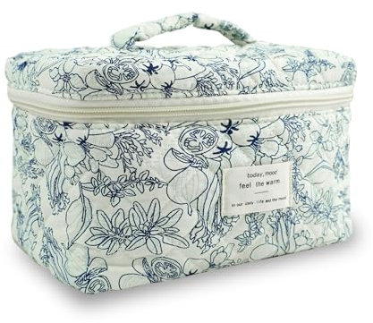 Make up Tasche, Make up Bag Aesthetic,Groß Gesteppte Kosmetiktasche Blumen,Kosmetik Tasche, Baumwolle Cosmetic Bag mit Henkel Kulturbeutel für Damen Mädchen(Dunkelblaue Blüten)