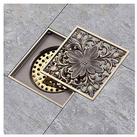 Dusche Bodenablauf,Dusche Abflüsse, Bronze-Duschablauf, antiker Messing-Duschbodenablauf, 10,2 cm, quadratisch, Desodorierer, Duschabfluss mit Blumenmuster, abnehmbare Abdeckung, großer Durchfluss