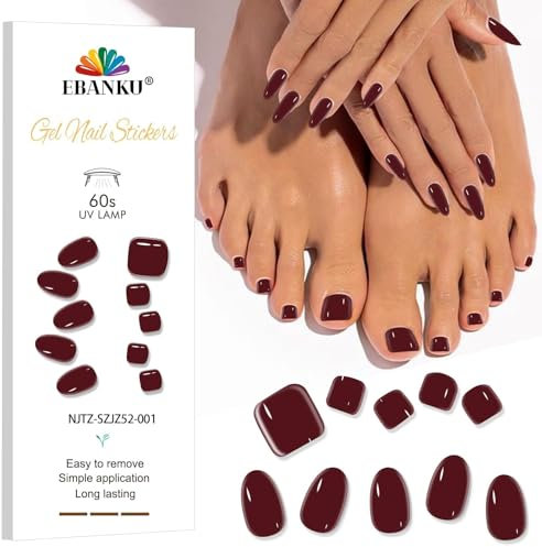 EBANKU Semi Cured Gel Nail Strips, 24PCS Gel Nail Stickers 28PCS Pedi Gel Nail Wraps Long Lasting- Easy to Apply & Remove for Salon-Quality Pedicure| Dark Red