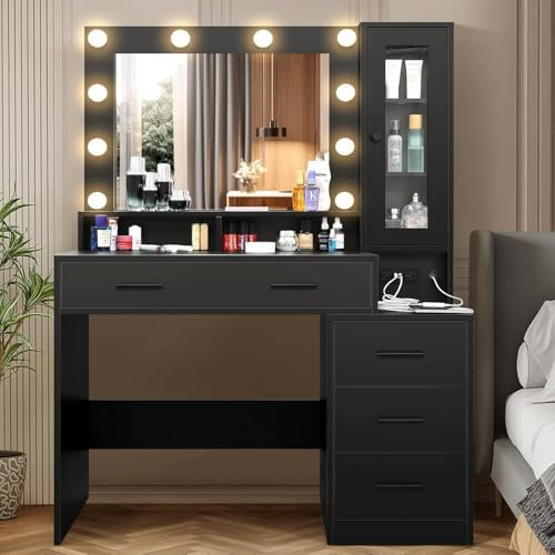 Eloklem Schminktisch mit Spiegel und Lichtern, moderner Frisiertisch, Schminktisch mit Schublade und 3 Beleuchtungsmodi für Frauen und Mädchen (Schwarz)