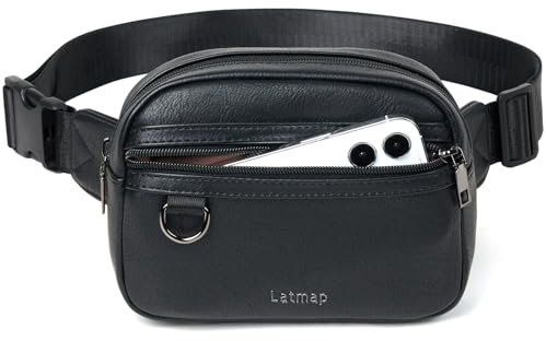 LATMAP Damen Bauchtasche, Crossbody Bag, PU Leder, Wasserabweisend, Diebstahlsicher, 4 Fächer, Schwarz, Reißverschluss, 19.05 x 15 cm, 55 cm Gurt, Handwäsche