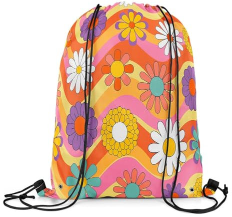Homewish Vintage Blumen Kordelzug Rucksack Faltbar, Bunte Groovy Blume Kordelzug Taschen, 1960Er 1970Er Jahre Regenbogen Blumen Draw String Tasche, Funky Irisierende Blume Wirbel String Rucksack