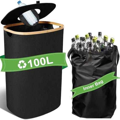 100L Contenedor de para recogida de botellas con tapa, almacenamiento de botellas vacías y vidrio, colector de botellas con agujero, bolsa para cocina o sala de almacenamiento, negro