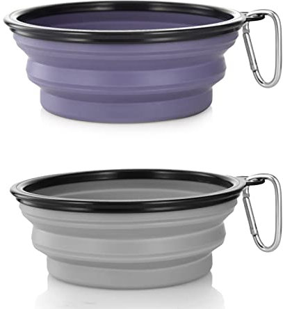SLSON 2 Pièces Bol à Chien Pliant Bol en Silicone Pliable pour Chiens,Gamelles de Voyage pour Chien et Chat Bols de Voyage Pliables en Silicone pour Chien (Gris et Violet, Grand)