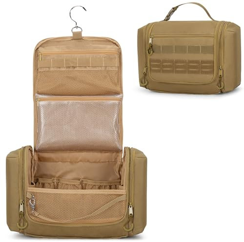 Prokva Kulturbeutel Zum Aufhängen für Reise, Herren, Großes Taktisches Kulturtasche, Hygienetasche, Dusch Organizer mit Haken für Toilettenartikel und Rasierpflege, Khaki (Leere Tasche)