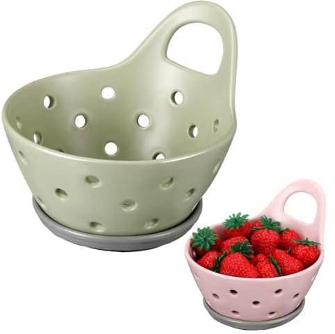 Keramik-Beerenkorb, Steingut-Sieb mit Griffen, Obstschalen zum Waschen von Beeren und Gemüse, Grün