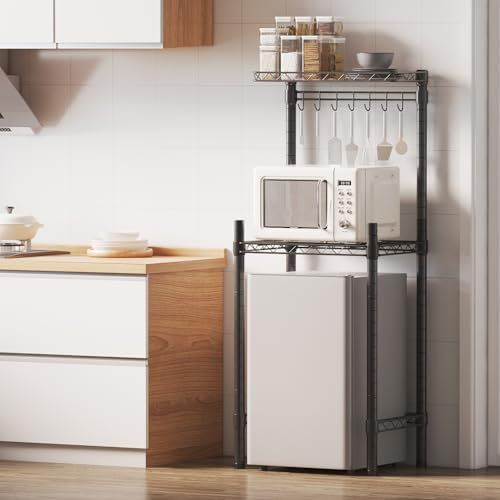 Taotigzu Estante de almacenamiento en la parte superior del refrigerador, estante de almacenamiento ajustable en altura para nevera y microondas, estante de metal multifuncional para cocinas y