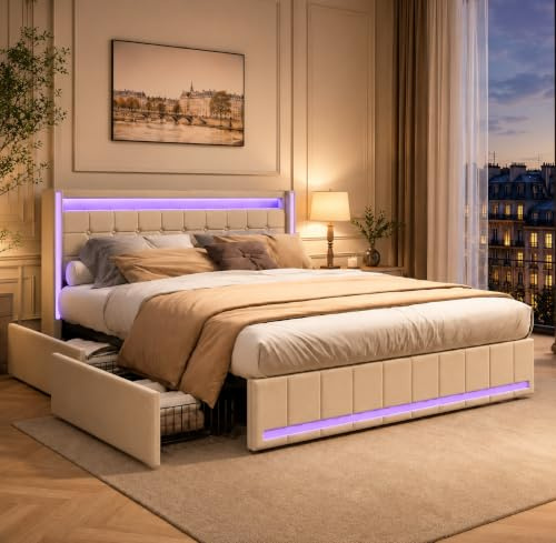 LIVLUX Polsterbett 140x200 mit Stauraum,Doppelbett mit Kopfteil und 4 Schubladen,Jugendbett mit LED und USB, Bettgestell mit Lattenrost, Linen