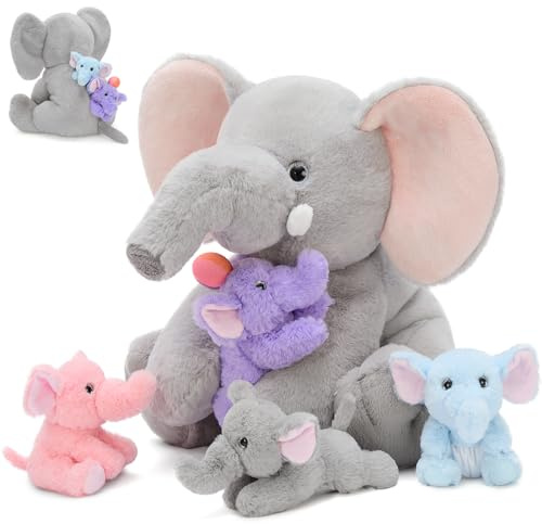 MorisMos Éléphant Peluche Géante XXL 40cm avec 4 Bébés dans Le Ventre,Grande Éléphant en Peluche Réaliste Douce Mignon, Idée Cadeau Noel pour Enfant Filles Garçons Anniversaire Décorations