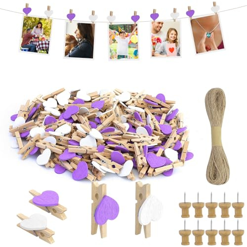 Lot de 120 Mini Pince à Linge Bois Le cœur Mini Pince à Linge Mariage Petite Epingle en Bois pour Photo pour Polaroid Photo avec 20M Corde de Jute DIY Mini Epingle en Bois Photo (Violet Et Blanc)