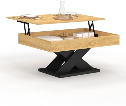 IDMarket - Rechteckiger Couchtisch mit aufklappbarer Platte Alicia Holz und schwarzem Fuß