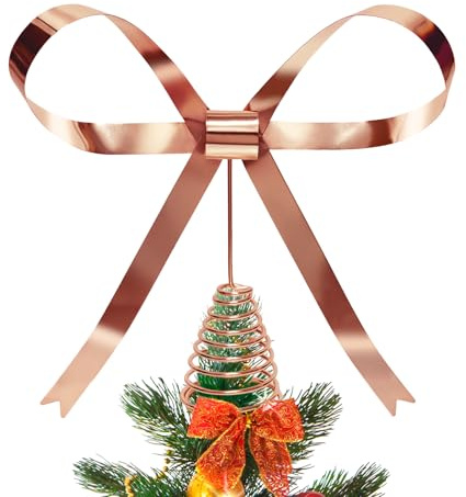 HMASYO Christmas Tree Topper Bow, 10.5 Inch Rose Gold Metal Bow Tree Topper with Spiral Base for Holiday Xmas Party Christmas Tree Top Ribbon Decorations (Rose Gold)