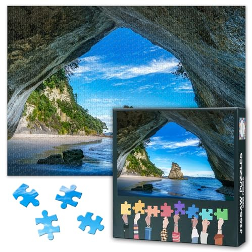 1000 Teile Puzzle: Cathedral Cove Höhle Neuseeland (50x70cm) - Küstenfelsen Naturwunder, Sammlerstück für anspruchsvolle Deko