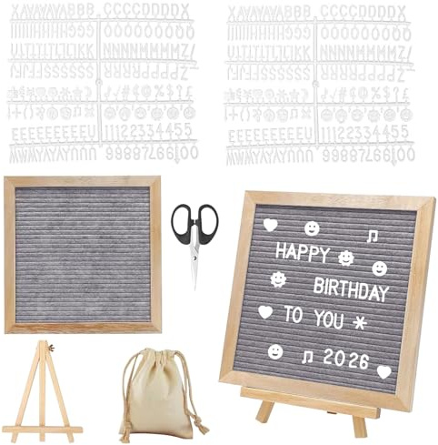 Letter Board 25×25cm aus Eiche & Filz – Buchstabentafel mit 340 Buchstaben, Memoboard Stecktafel Set mit Staffelei, Beutel & Schere Rillentafel für Deko & Mitteilungen (Grau-25×25 cm)