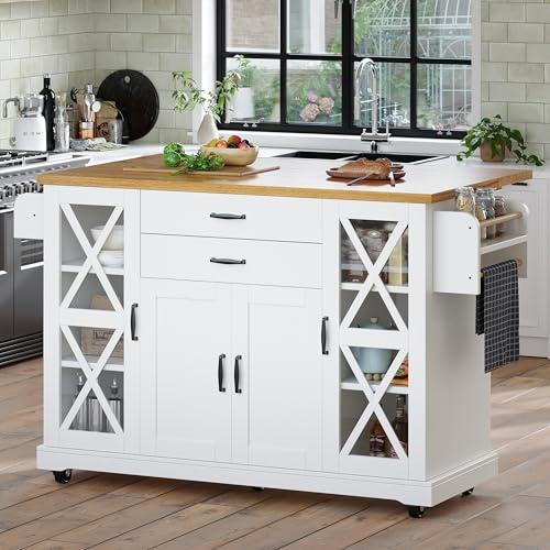 FammyLoft Kücheninsel mit Rollen, Mobile Küchenschrank mit Höhenverstellbare Regale, Küchenkommode mit Klappbarer Arbeitsplatte, Küchen Sideboard, mit Zwei Glastüren, für Esszimmer, 148cm, Weiß