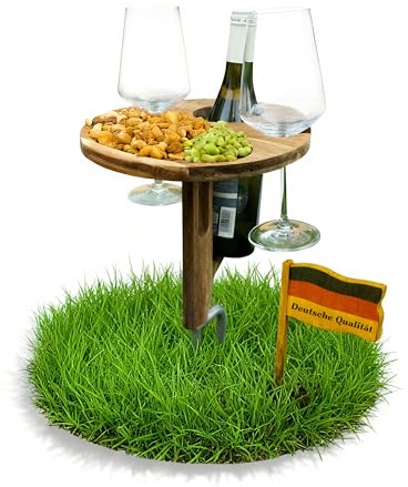 Decozy Life Steckbarer Weinhalter aus Massivholz - klappbarer Picknicktisch – Picknick & Camping Geschenke | Strand Gadget, Garten Gadget & Wein Zubehör | Originelles Camper Geschenk für Weinliebhaber