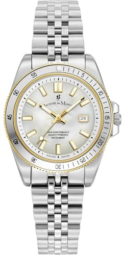 Jacques Du Manoir Inspiration Active Damen Armbanduhr, Edelstahl, 33mm, Edelstahlarmband, Silber, 5 bar, Zifferblatt: Perlmutt, Datumsanzeige, JWL05002
