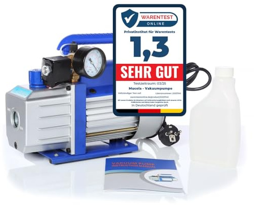 Mucola Vakuumpumpe Unterdruckpumpe für Klimaanlage 99 L/min 250 W 5 Pa Grau | Aluminiumgehäuse leicht für mobilen Einsatz, Schauglas zur Ölstandskontrolle, Anschlüsse 1/4 und 3/8 Zoll, für Kältetechnik