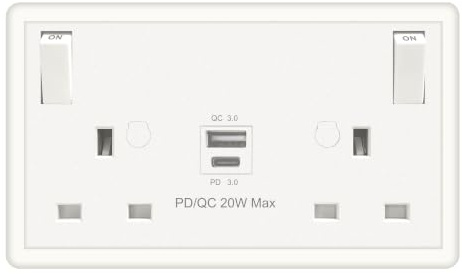 Evoges 1 to 2 Gang Switched Socket Converter with 20W USB C & USB A PD QC 3.0, Single to Double White