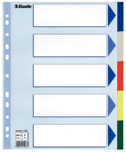 Esselte A4 1-5 Index, Heavy Duty Plastic, Extra Wide, Blue/Multicolour, Pack of 20