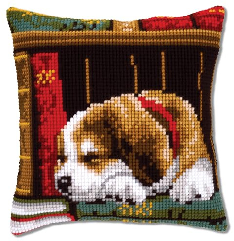 VERVACO Kreuzstich Stickpackungen Kissen Stickerei Set Anfänger Vorgedruckt Schlafender Hund DIY Set Kreativ Set Für Erwachsene Dekoratives Kissen ca. 40 x 40 cm Bastelset Handwerker Haus Dekoration