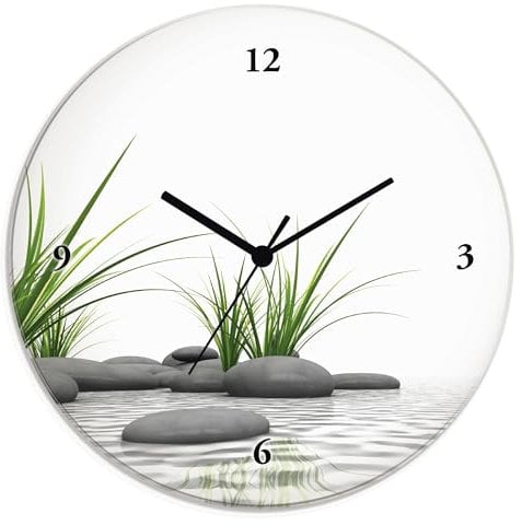 ARTLAND Wanddeko Wanduhr ohne Tickgeräusche Glas Funkuhr Ø 30 cm Rund Lautlos 3 D Steine