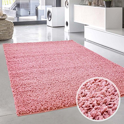 carpet city Shaggy Tapis à Poils Longs Pastel uni Moderne Rose pour Salon Taille 160 cm Rond