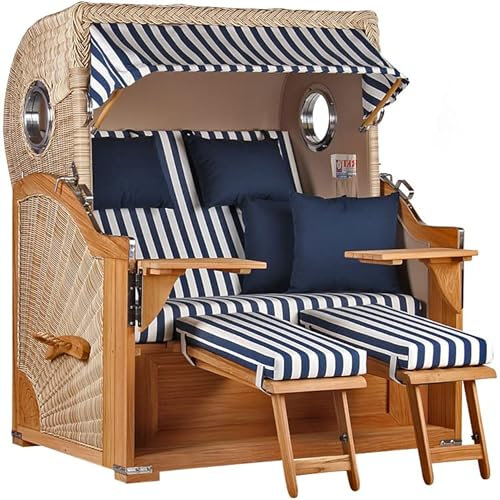 MR. DEKO® Strandkorb Baltikum 2,5-Sitzer Teak | PE Geflecht Shell | Volllieger Strandkörbe aus Teakholz mit 2 Bullaugen & Fußablagen | Polster mit 4 Kissen | Strandstuhl (Dessin 518)