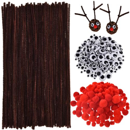 150 Stück Braune Pfeifenreiniger Chenille Stiele, 150 Stück Rote Pom Poms in Verschiedenen Größen und 300 Stück Wackel Augen mit Selbstklebender Rückseite für Weihnachten Rentieren Basteln DIY