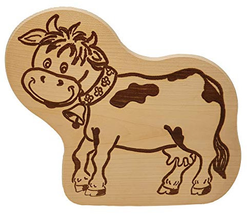 DEKOFANT Frühstücksbrettchen Kinder Holz Brett Motiv Kuh mit Glocke Frühstücksbrett Kinder ca 20x19x1cm