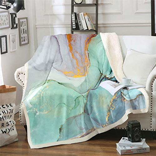 Homewish Chic Marmor Sherpa Decke in Petrolblau - Gold Fluidstein Muster Plüsch - Abstrakte Kunst Aquarell Fleece