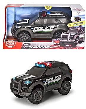 Dickie Toys – Ford Interceptor Polizeiauto – Polizei-SUV als Spielzeugauto, 30cm, mit Freilauf, Blinklicht und Sirene, für Kinder ab 3 Jahren, Schwarz/Grau, 203306017