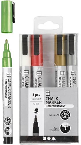 Creativ Company Kreidemarker Set - 5 Filzstifte - metallische Farben - nicht permanent - auf glatten, nicht absorbierenden Flächen anwendbar - 1,2 bis 3 mm Strichstärke