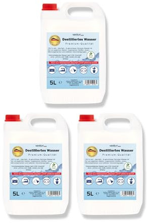 VENTON Eau Distillée 15 L (3 x 5 L) I Déminéralisée Selon VDE 0510 I Pour la Maison, les Loisirs, la Voiture et le Laboratoire I Eau Pure